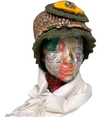 Madison 88 Crochet Flower Hat Madison Multicolor Knit Hat with Vintage Scarf Set Green