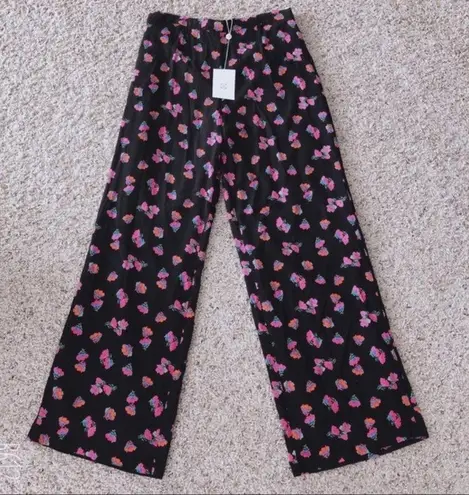 WAYF Pants Black Pink Petal Floral Wide Leg High-Waist Size XL NWT