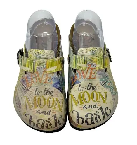 The Moon Calceo Handmade Love You To  Back Graphic Clogs Green Tan Size 37