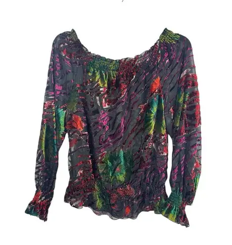 NYgard Sheer Velvet Burnout On/Off Shoulder Bishop Sleeve Tropical Floral Top XL Purple