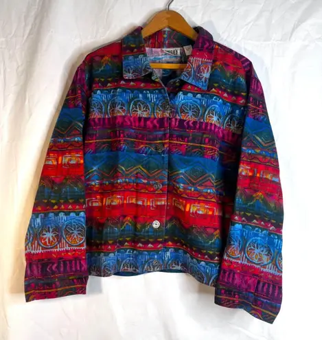 Chicos Design Bold Abstract Artsy Colorful Button Front 100% Cotton Jacket 3/LG