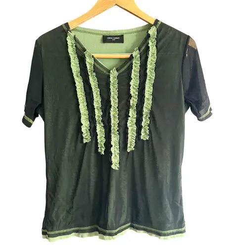 ORNA FARHO Paris | Y2K Vintage Green Double Mesh Ruffle V Neck Short Sleeve Top Black Size undefined