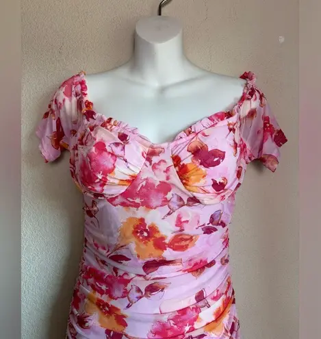 Privy Pink Floral Ruched Corset Mesh Overlay Bodycon Mini Dress L