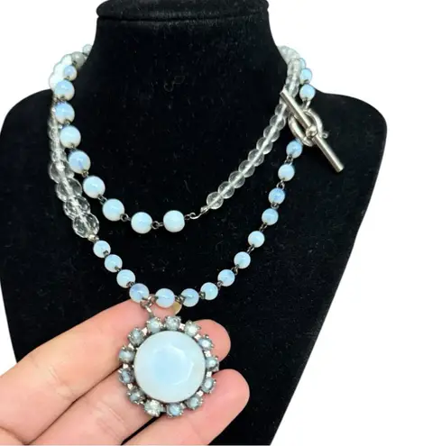 Faceted Opalite & Crystal Boho Bead Necklace with Pendant 18” Toggle Clasp Silver