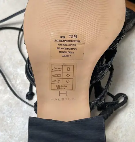 H by Halston 7.5 Halston Piper Strappy Block Chunky Sandal Heels Black Leather Braided