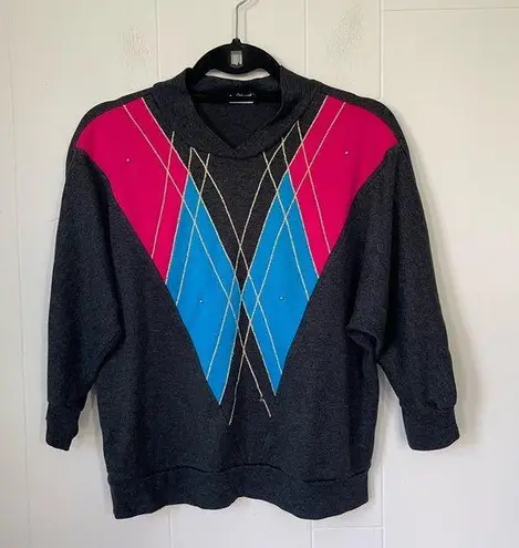 Vintage 80s 90s Grey Pink 3/4 Sleeve Crop Sweater ~ Made In USA ~ Size S(4