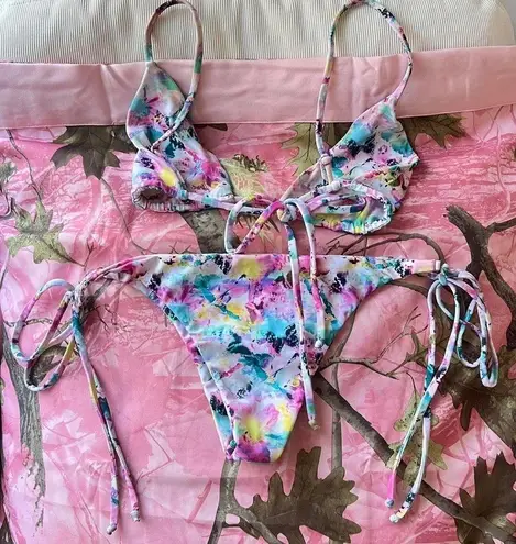 vintage y2k multicolor bikini set watercolor pattern strappy