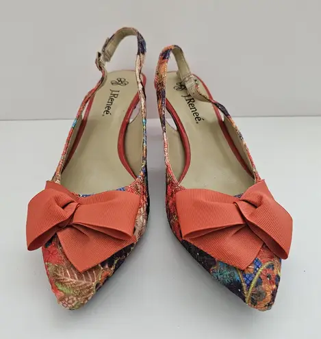 J. Renee Orange Tie Dye Flower Print Slingback Bow Kitten Heels Size 8