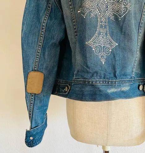 Old Navy Y2K  Denim Blue Jean Cotton Jacket Back Bedazzled Silver Sparkle Cross