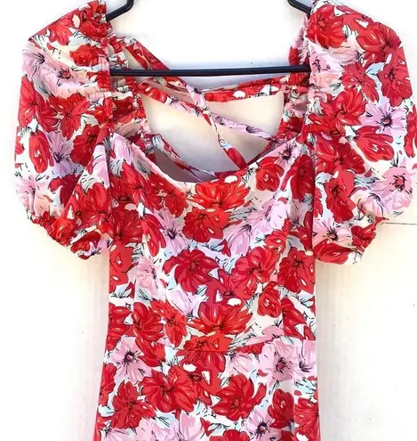 Dizzy Lizzy Womens small pink and red floral puff sleeve corset back maxi dress