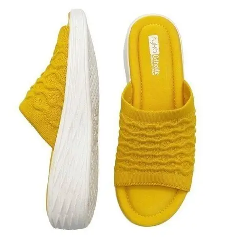 Ryka Nanette Stretch Knit Slide Demi-Wedge Slip-On Sandal Yellow White Size 9.5