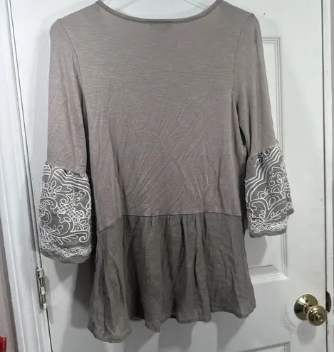 I.N. Studio Blouse Size M Cottagecore Embroidered Pom Poms Flowy Bell Sleeve Brown Size M