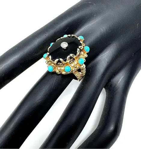 14K yellow gold, onyx, turquoise and diamond ring, vintage, size ~7 Gold