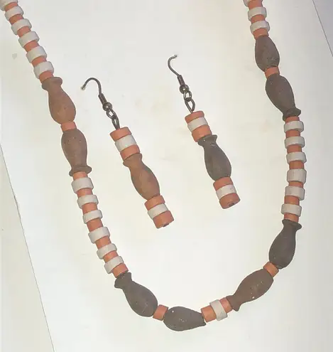MAKU Brown and Cream Pottery Beaded Boho Necklace and Earring Set