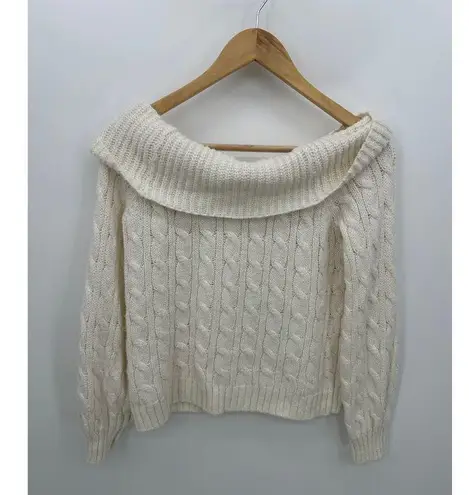 American Eagle  Sweater Women Small Cream Fisherman Off Shoulder Knit Boxy Crop