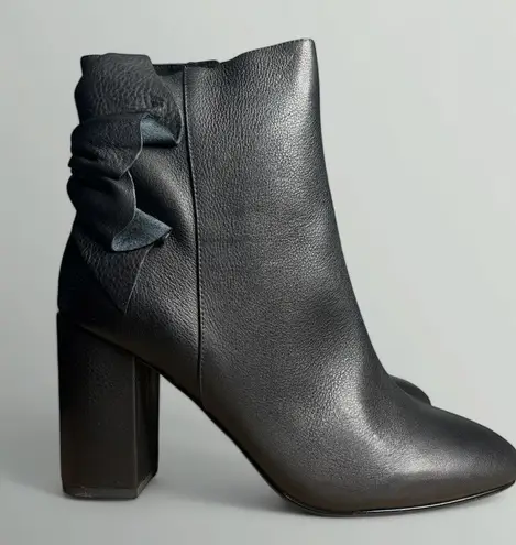Avec Les Filles Remi Bow Accent Heeled Leather Ankle Booties in Black Lamba