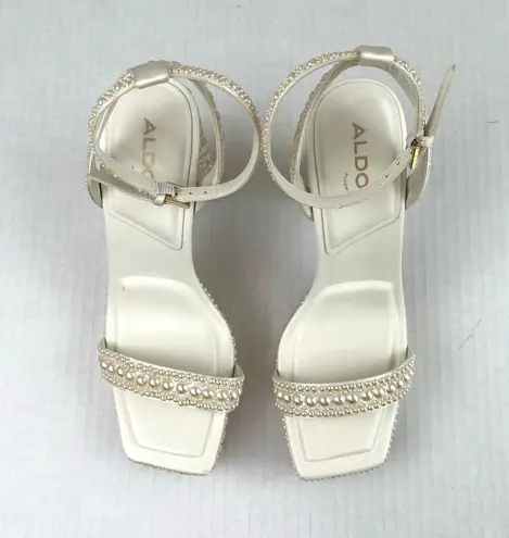 ALDO Lulu White Block Heel Ankle Strap Pearl Embellished Platform Sandals Size 7