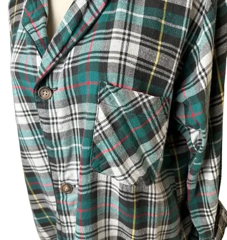 90s Vintage Hill & Archer Green Plaid Cotton Pajama Flannel Top Grunge Boyfriend Size L