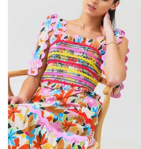 Celia B Nilsa Dress Floral Tiered Midi Size XL NWT Scalloped Details Tie Straps Pink