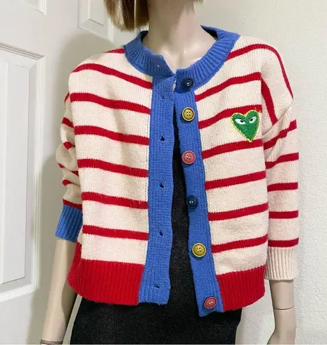 Striped Thick Knit Heart Patch 3/4 Sleeve Cropped Cardigan Sweater Red