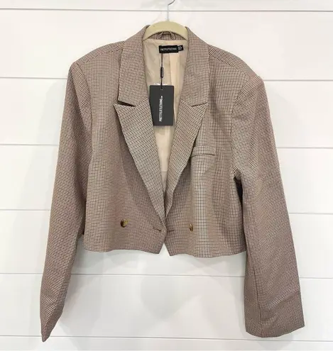 Pretty Little Thing  Plus Brown Dogtooth Double Breasted Cropped Blazer NWT 18