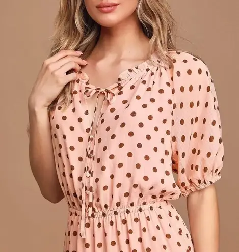 Lulus  Love You Tier-ly Women's Blush Pink Polka Dot Tiered Midi Dress Medium