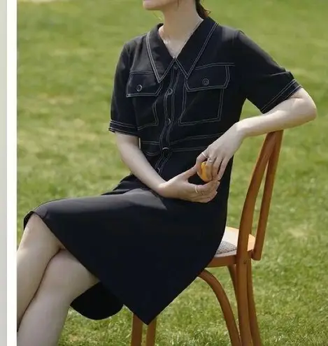 DUSHU Retro Contrast Color Women Dress Line Shirt Collar Waist Slim Casual Dress Black Size L