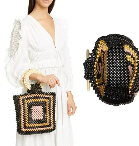 Urban Expression Wicker Straw Wood Ring Beaded Square Tote Bag Purse Urban Expressions