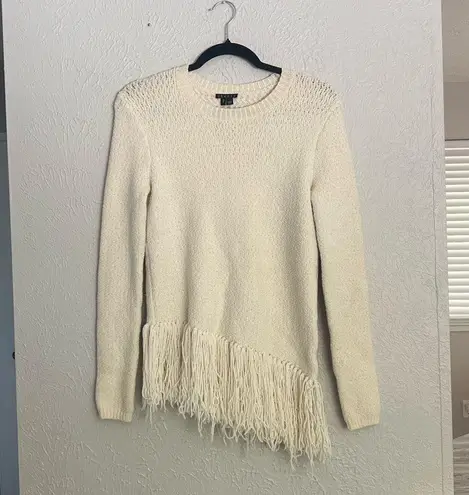 Theory  cream fringe asymmetric long sleeve boho knit wool sweater M - Image 11