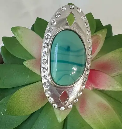 Ladies Cocktail Costume Jewelry Ring Silver Tone Band Faux Turquoise Adustable