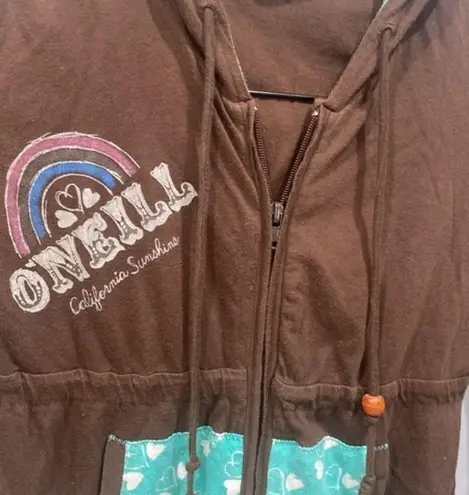 O'Neill  Juniors Brown Turquoise Zip Up Heart Print Bead Hoodie Jacket Sz XS