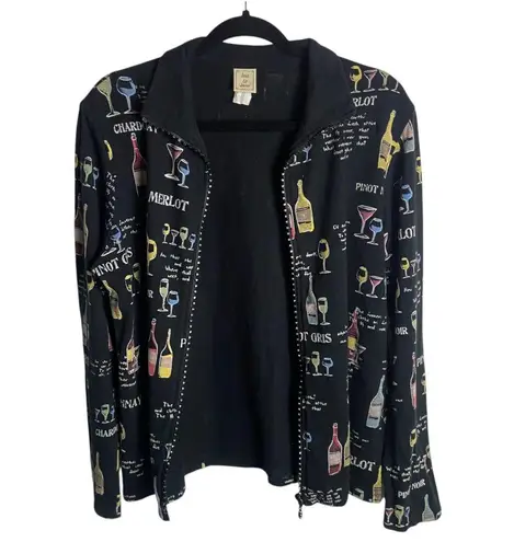 Jess & Jane Size Large Full Zip Collared Sweatshirt Black Wine Print Rhinestone