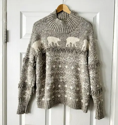 LOFT Ann Taylor Polar Bear Fringe Mock Turtleneck Sweater Sz XL Gray