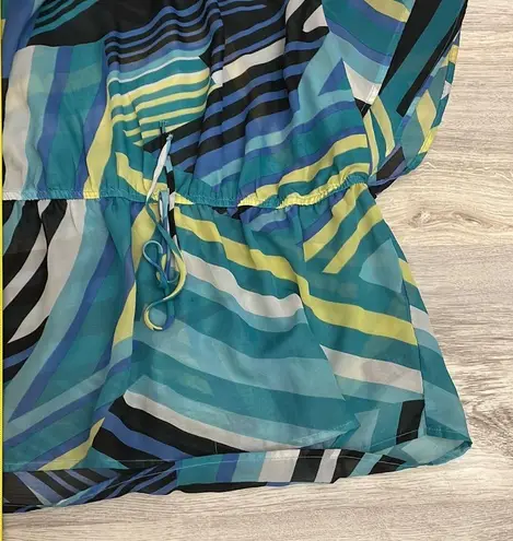 I.N. San Francisco Blue Black Yellow White Striped Sheer Short Sleeve Blouse XL