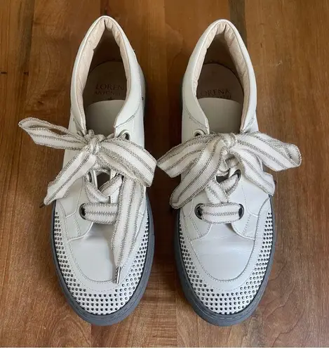 Lorena Antoniazzi Cream Leather Sneakers Studs Stars Ribbon Silver 41 9.5 Italy