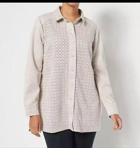 Isaac Mizrahi  Faux Suede Shacket with‎ Perforated Detail - STONE, 1X - Image 1