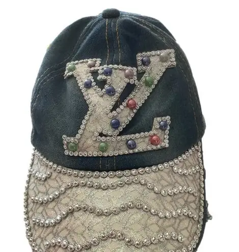 Las Vegas vibe denim cap with rhinestones and pearl detailing streetwear hat
