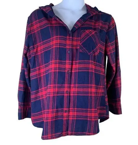 Como vintage  Sz XL Shirt Plaid Button Up Blue Red Hooded Long Sleeve Top Womens