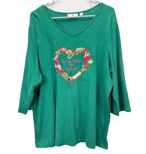 Quacker Factory Green Rhinestone Embroidery Baking Life Sweeter Knit Top Size 1X