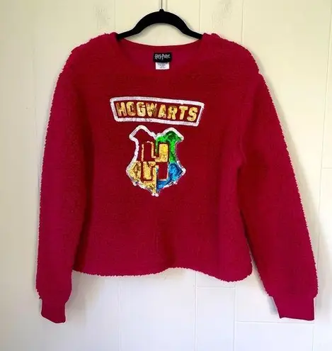 Harry Potter Hogwarts Pink Fuzzy Sherpa Sweatshirt ~ Sequins ~ Juniors Size L