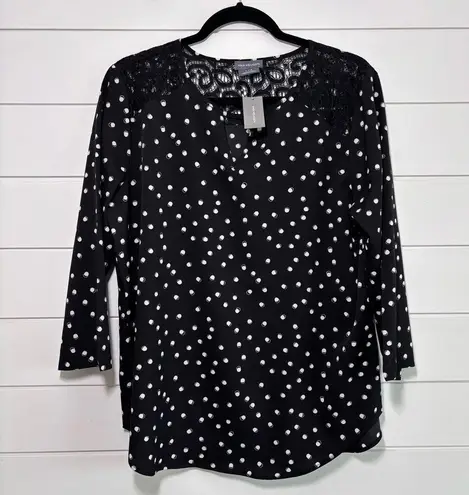 Van Heusen BLACK AND WHITE POLKA DOT BLOUSE WITH PEEKABOO VNECK AND LACE YOKE, L