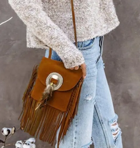 Bohemian Feather Tassel Beading Shoulder Crossbody Bag NWT Brown