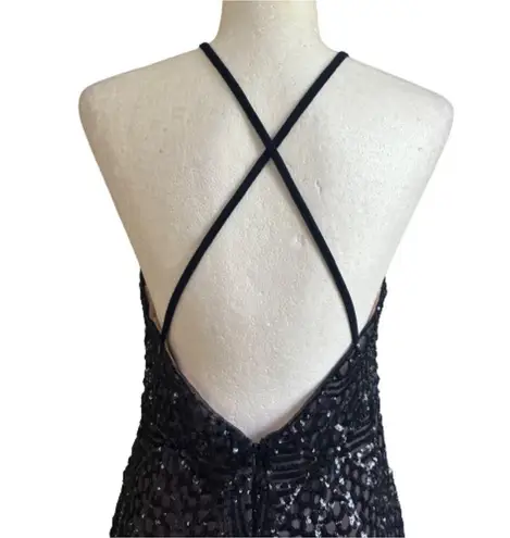 Nightway Gown Dress Navy Blue Mesh Sequins Halter Criss Criss Back Sheath Size 8