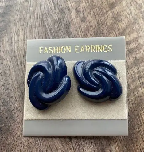 Vintage 80’s pierced knot studded earrings Lucite Navy Blue Hong Kong New