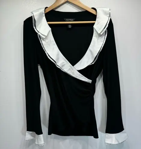 White House | Black Market  Black Wrap Blouse White Satin & Lace Collar & Cuffs M