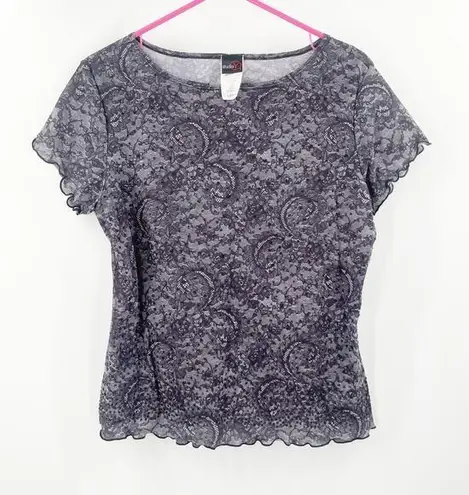 Y2K Top Large Short Sleeve 2000s Lace Print Rhinestones Babydoll Bratz Vintage Black