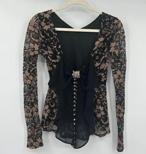 Womens Vampy Whimsigoth Dark Back Bow Lace Floral Long Sleeve Peplum Top Black Size XS