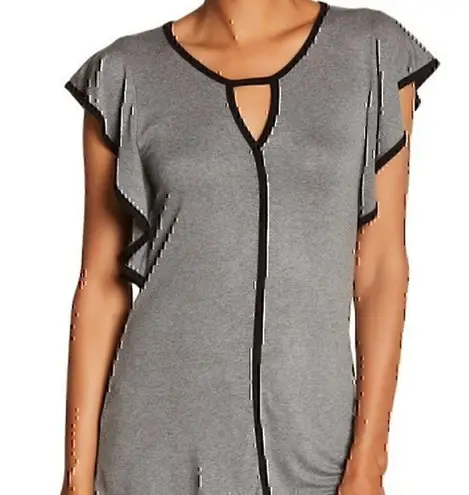 Bobeau Solid Gray White Keyhole Cutout Short Flutter Sleeve Blouse Top Small SM