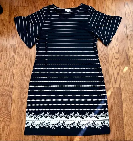 Charter Club Dots Stripes Floral Navy Blue Cream Flutter Sleeves Dress Size XXL