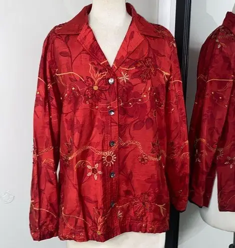 VNTG 100% SILK APPLIQUÉ EMBROIDERED LIGHTWEIGHT JACKET GOLD STITCHING HAND MADE Red Size M